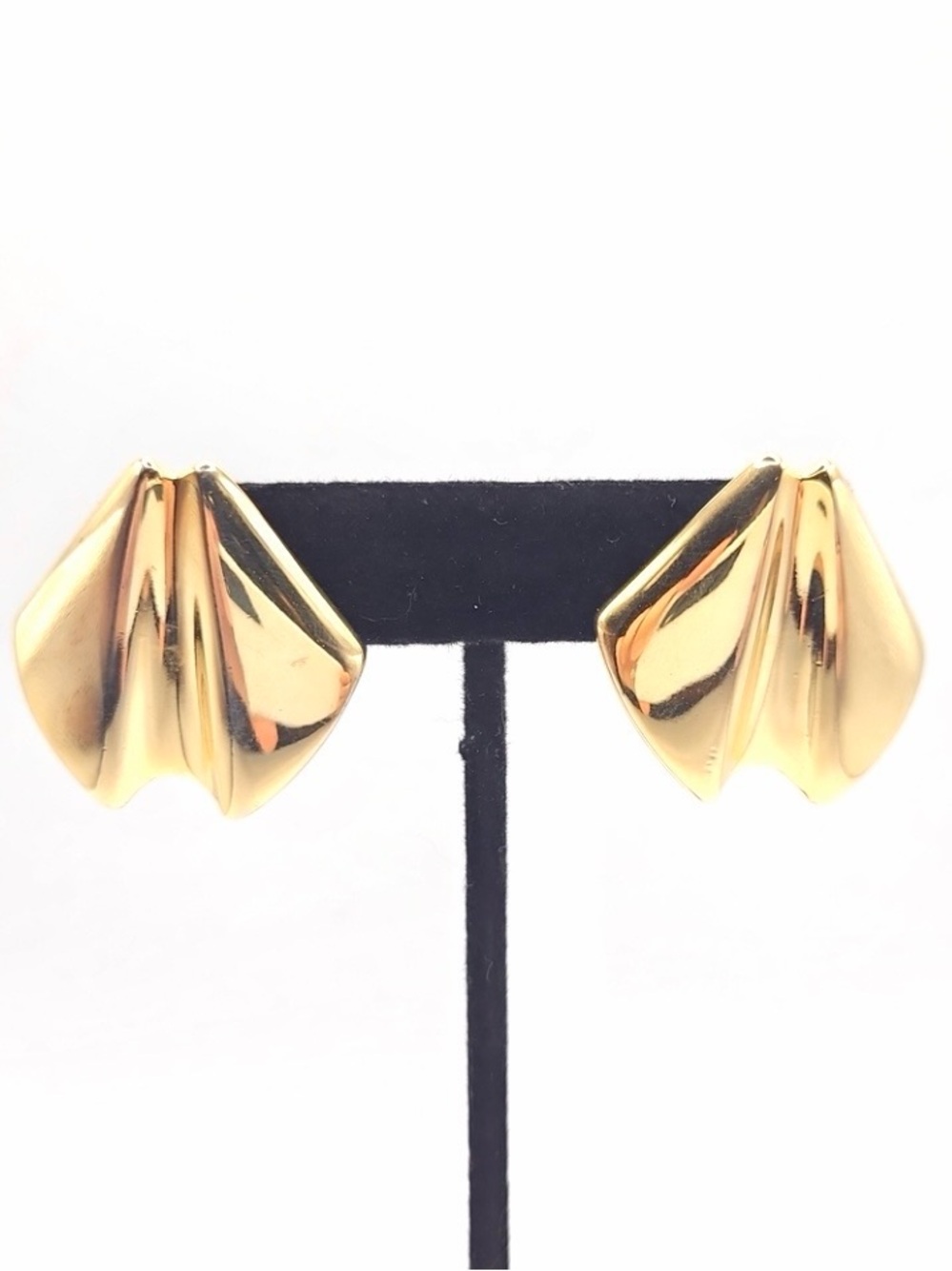 Signed TAT Gold Tone Sculptural Fan Earrings Vintage Statement